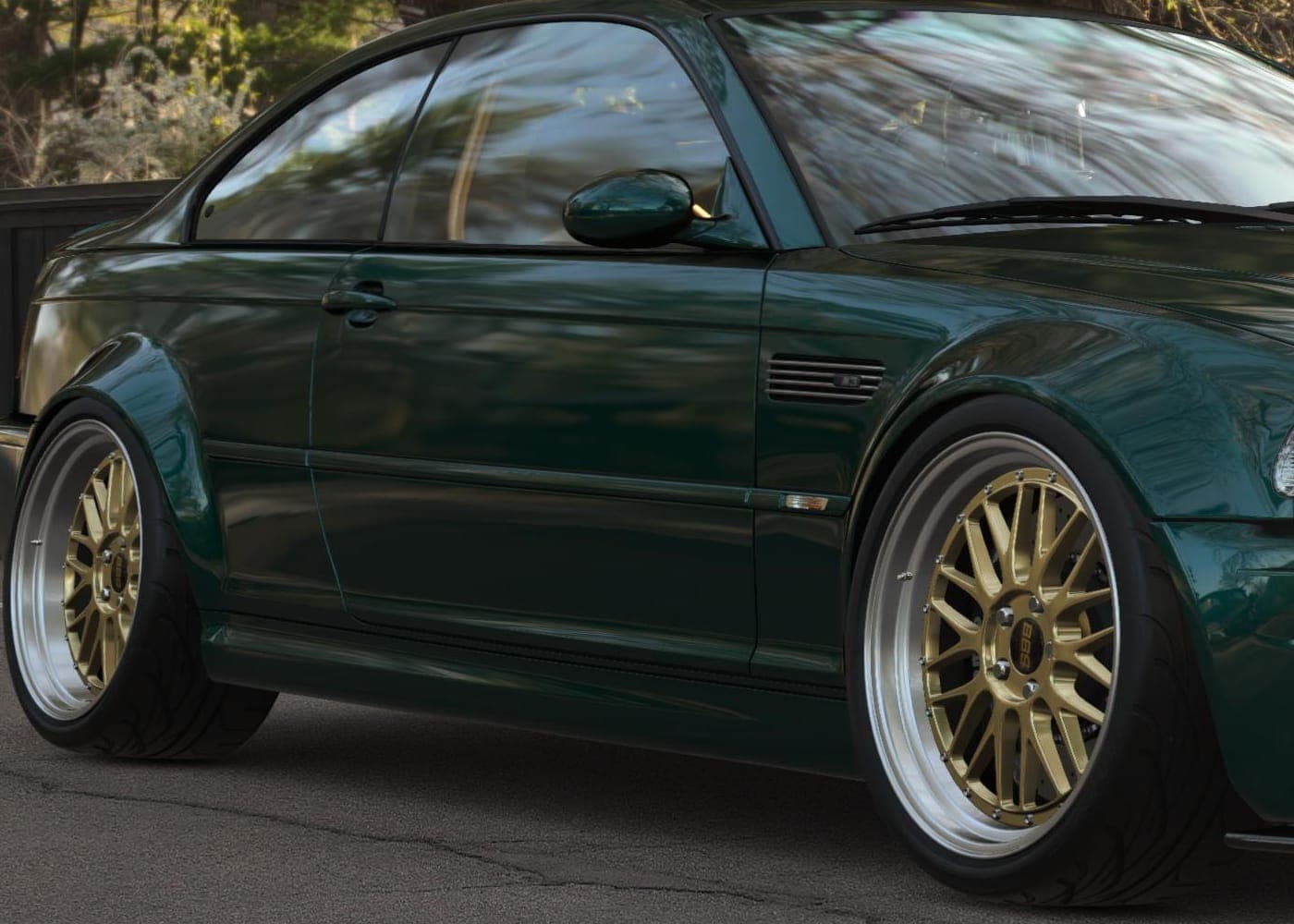 The paint and wheels of a BMW E46 M3